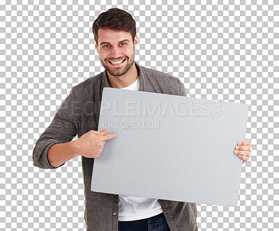 Buy stock photo Portrait, man and pointing to poster for advertising, branding about us and information sign isolated on transparent png background. Happy model, paper and mockup space for promotion, review and deal