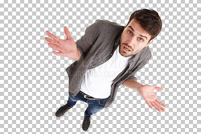 Buy stock photo Confused, shrug and above man portrait with why on isolated, transparent and png background. Top view, face and guy model with doubt, questions or choice, decision and whatever, emoji or dont know