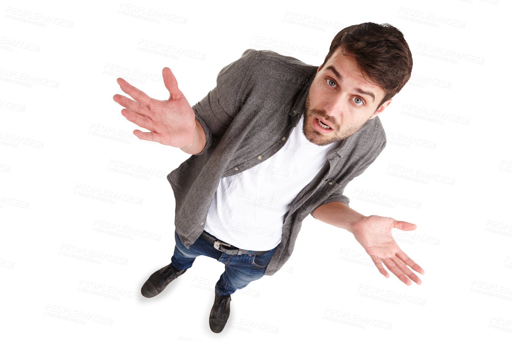 Buy stock photo Confused, shrug and above man portrait with why on isolated, transparent and png background. Top view, face and guy model with doubt, questions or choice, decision and whatever, emoji or dont know