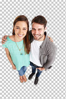 Buy stock photo Couple, happy people in portrait and top view, hug and love with trust isolated on png transparent background. Smile, care and partner, relationship and bond, man and woman together with happiness