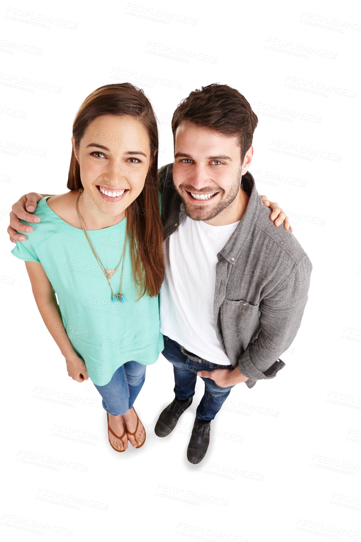 Buy stock photo Couple, happy people in portrait and top view, hug and love with trust isolated on png transparent background. Smile, care and partner, relationship and bond, man and woman together with happiness