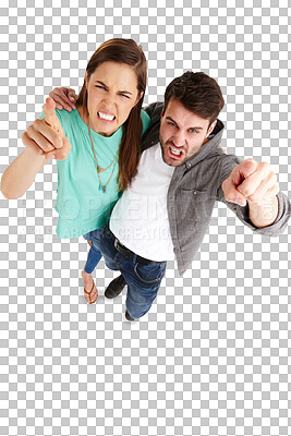 Buy stock photo Angry, pointing and frustrated with portrait of couple on png for protest, fight and crisis. No, blame and guilty with man and woman from above isolated on transparent background for conflict