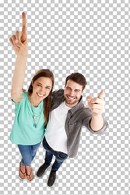 Buy stock photo Couple, pointing up and smile in portrait, information and advertising isolated on png transparent background. Partner, man and woman with opportunity, offer and top view with marketing and news