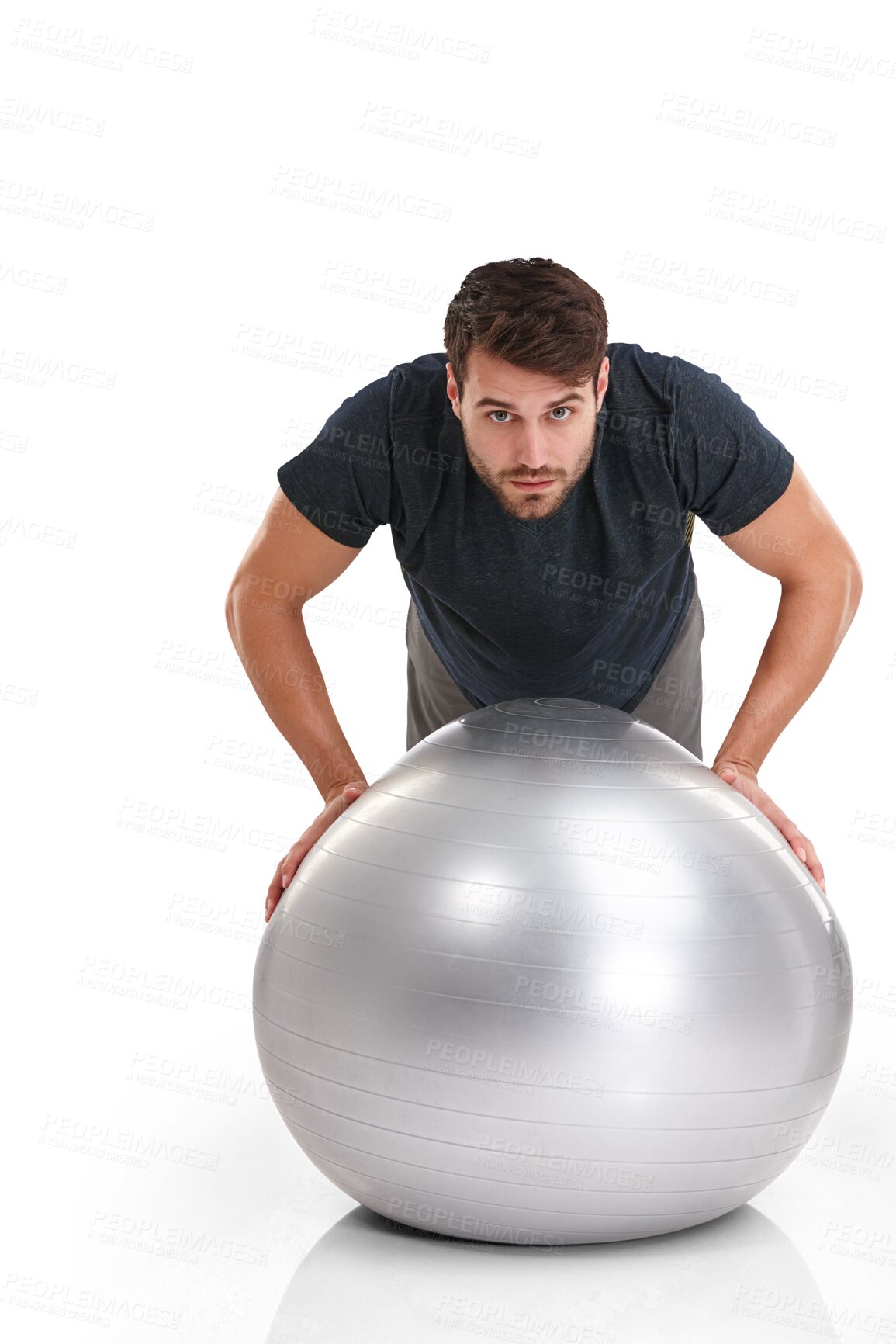 Buy stock photo Man, portrait and ball for push up exercise, wellness and workout isolated on a transparent png background. Serious sports athlete, bodybuilder and balance on fitness equipment for plank challenge 