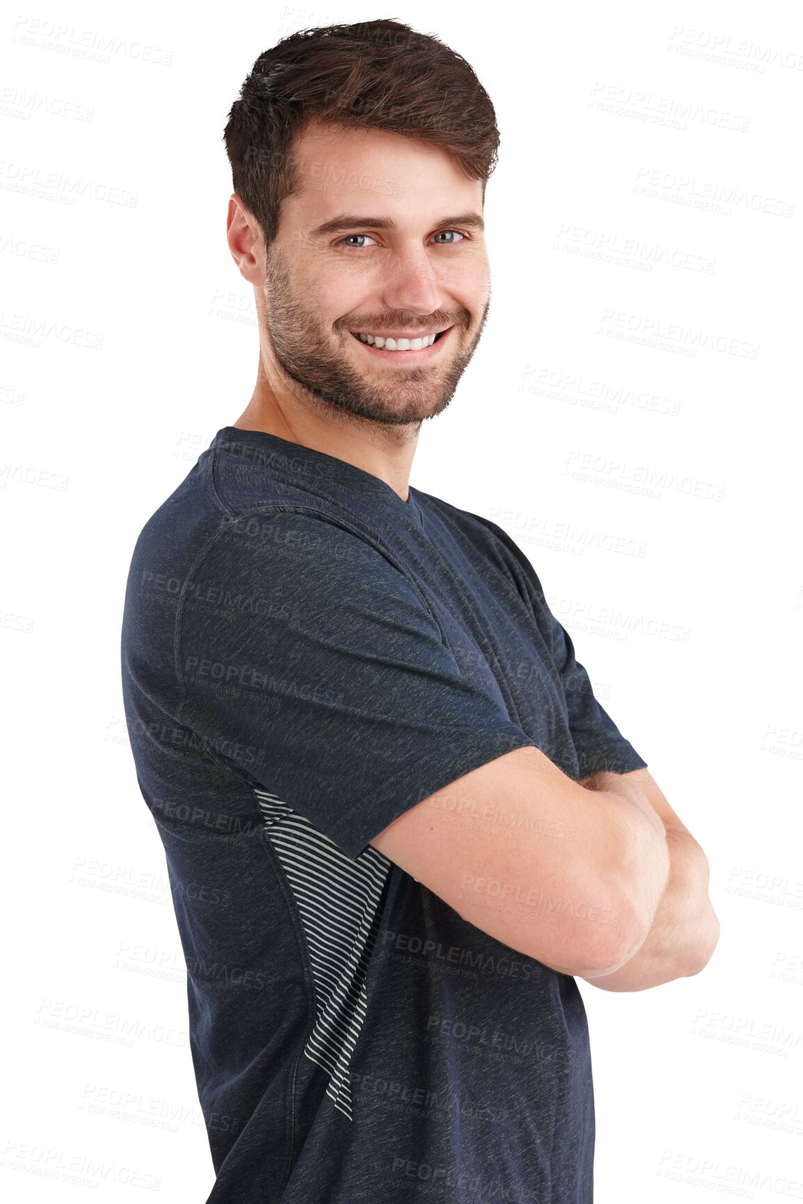 Buy stock photo Happy, arms crossed and fitness with portrait of man on png for health, person trainer or wellness. Smile, happiness and workout with person isolated on transparent background for exercise and energy