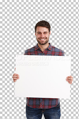 Buy stock photo Man portrait, hand holding and mockup, poster and happy news on isolated, transparent and png background. Smile, deal and male model face with space, banner and presentation, quote or sign up deal