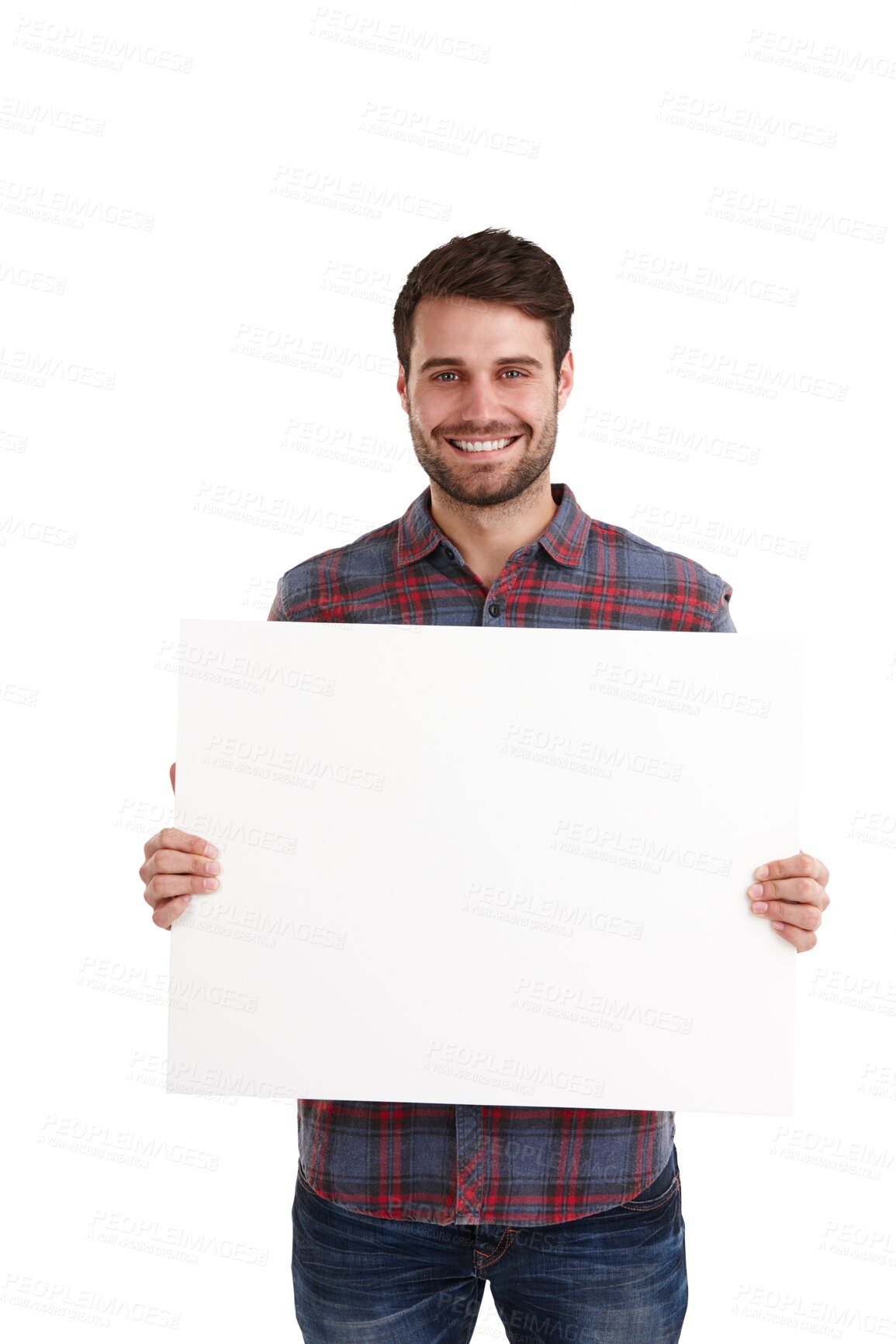 Buy stock photo Man portrait, hand holding and mockup, poster and happy news on isolated, transparent and png background. Smile, deal and male model face with space, banner and presentation, quote or sign up deal