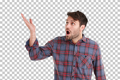 Buy stock photo Wow, surprise and man with hand pointing, wtf or confused on isolated, transparent or png background. Why, face and male with omg gesture, emoji or choice, decision and asking reaction to fake news