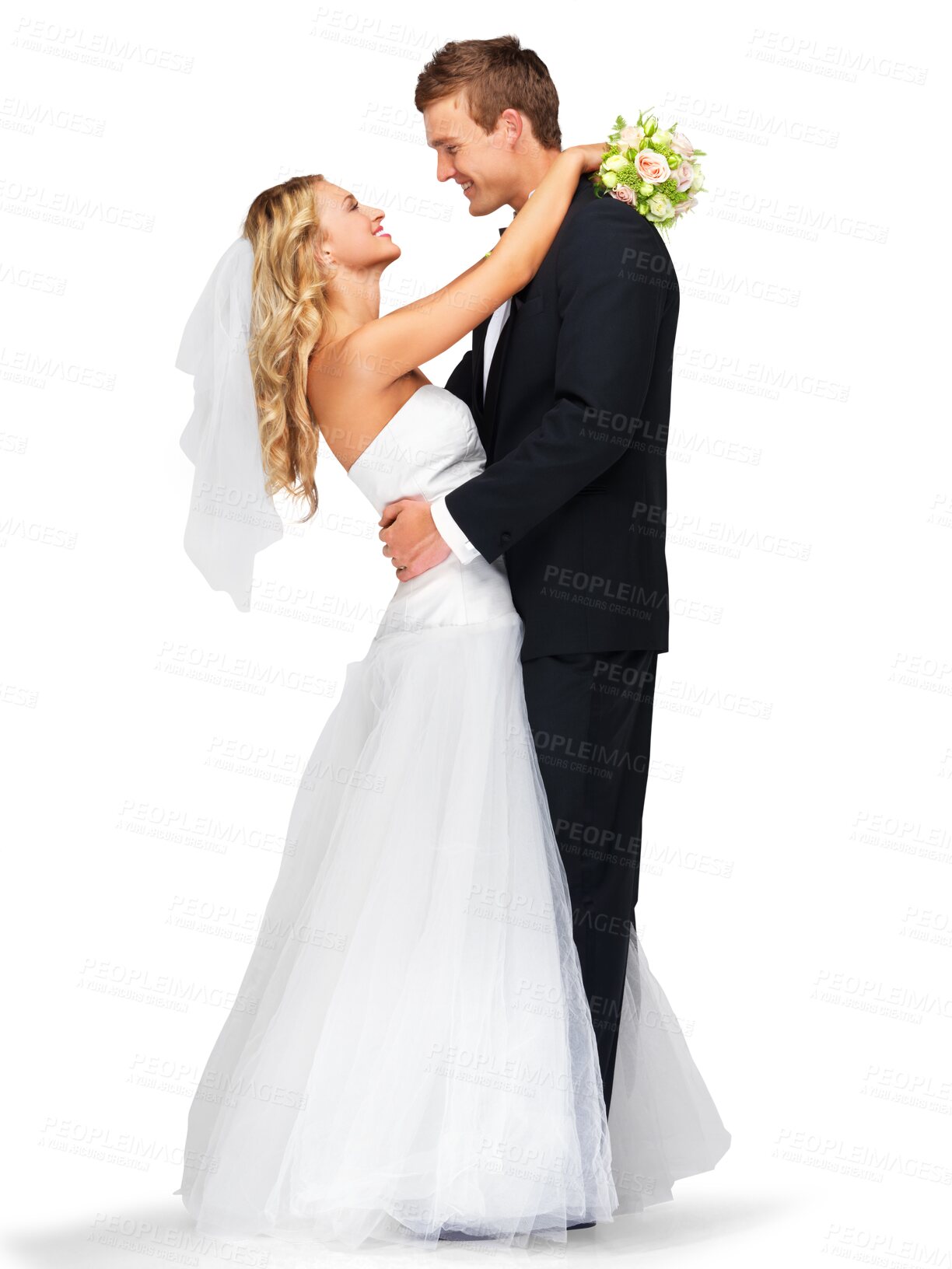 Buy stock photo Happy couple, hug and wedding with a smile and bouquet for love and commitment event. Romantic man and woman dancing with marriage, flowers and bride isolated on a transparent, png background
