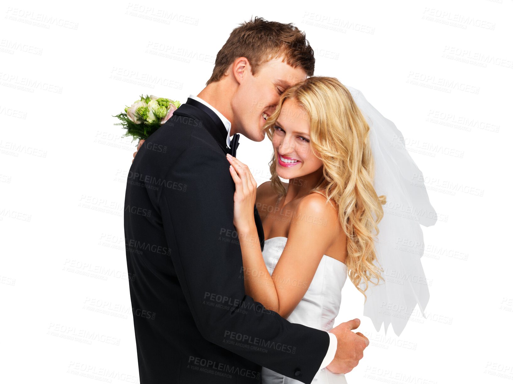Buy stock photo Wedding, marriage and portrait of couple hug for love on isolated, png and transparent background. Event, relationship and happy bride and groom embrace for celebration, ceremony and commitment