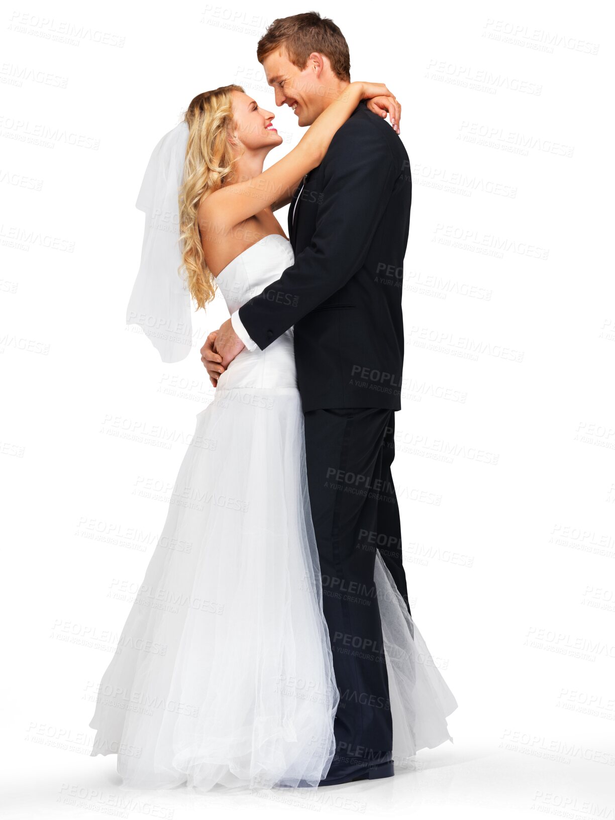 Buy stock photo Wedding, marriage and couple hug for love on isolated, png and transparent background. Bride and groom, event and happy man and woman embrace for celebration, ceremony and commitment with care