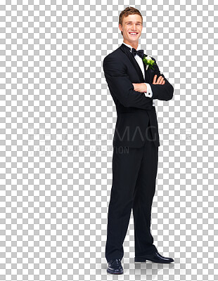 Buy stock photo Wedding, marriage and man portrait with groom suit and arms crossed with a smile. Happy, male person and married with confidence at love and trust event isolated on a transparent, png background
