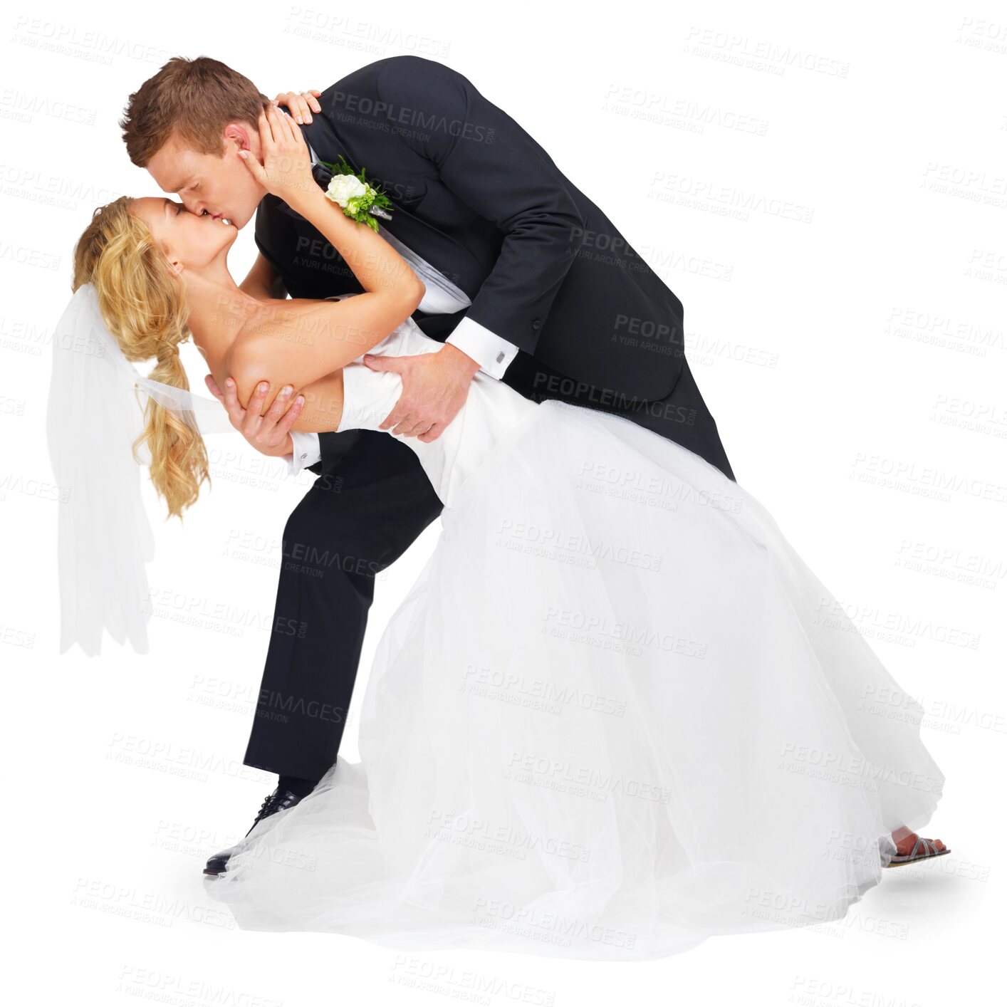 Buy stock photo Wedding, marriage and couple kiss for romance on isolated, png and transparent background. Love, relationship and happy bride and groom embrace for celebration, ceremony or commitment for partnership