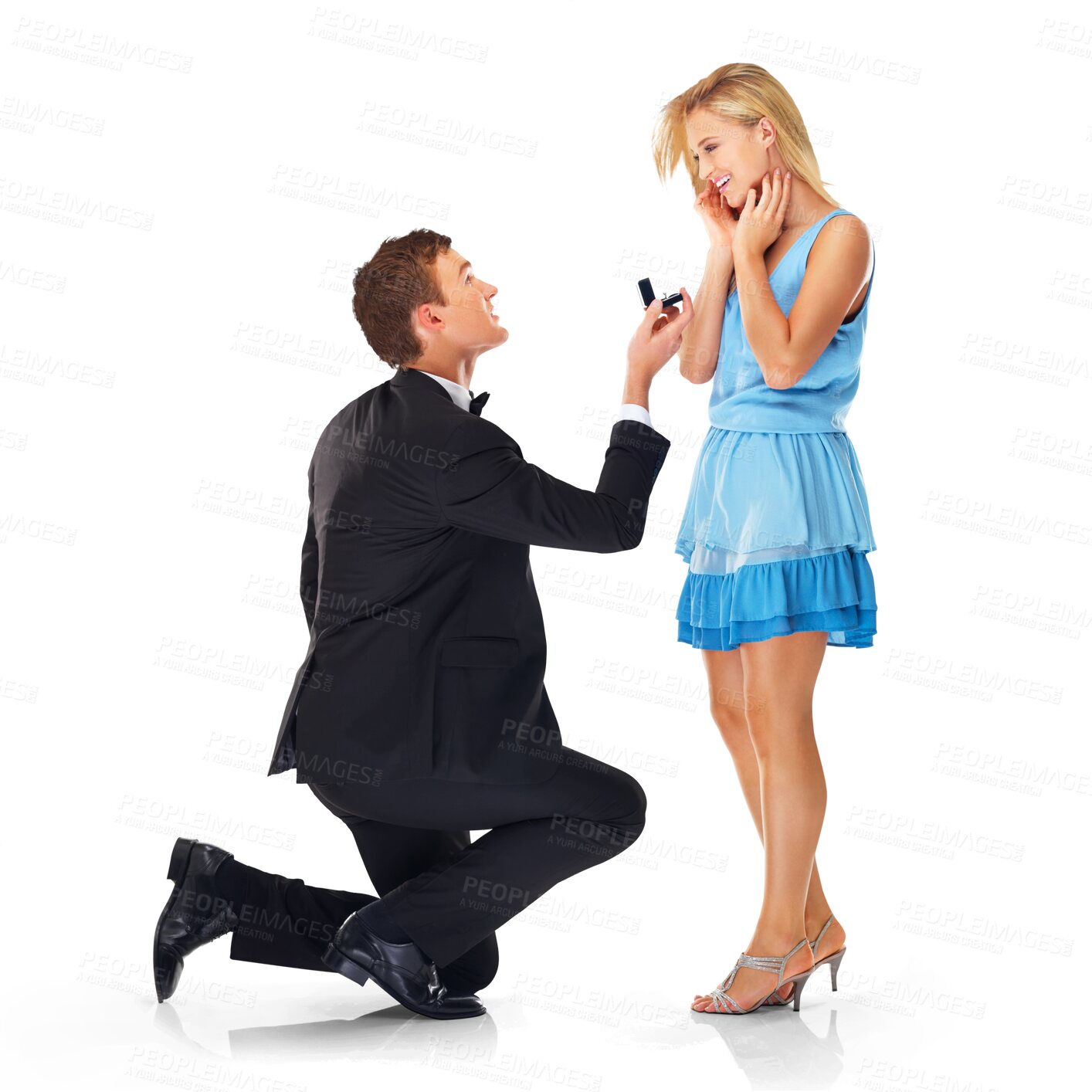 Buy stock photo Man, woman and proposal for marriage, love and romance, grand gesture isolated on png transparent background. Happy people, question and partner, surprise and ring, man on one knee and commitment