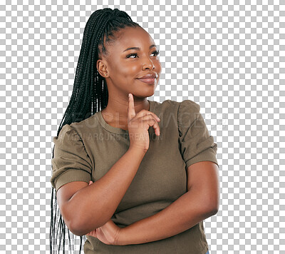 Buy stock photo Thinking, confused and question with face of black woman on png for planning, idea and inspiration. Dreaming, brainstorming and decision with person isolated on transparent background for solution