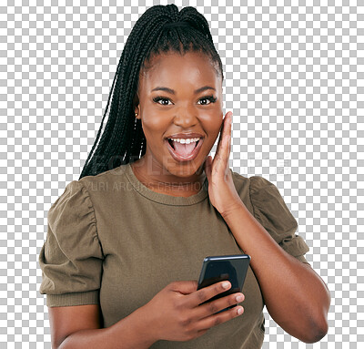 Buy stock photo Happy, surprise and phone with portrait of black woman on png for news, social media or notification. Excited, website or communication with person isolated on transparent background for announcement