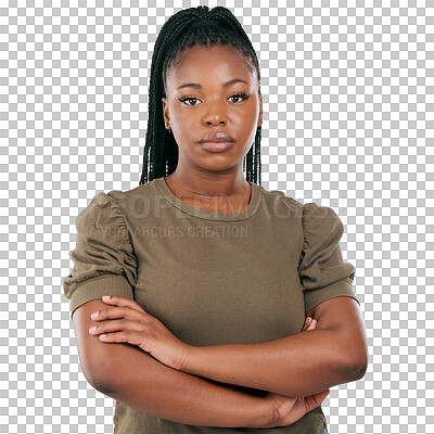 Black woman, arms crossed and standing isolated on gray backgrou