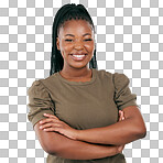 Black woman, portrait and smile with arms crossed in studio with