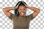 Comic, funny and black woman with a crazy face isolated on a gre