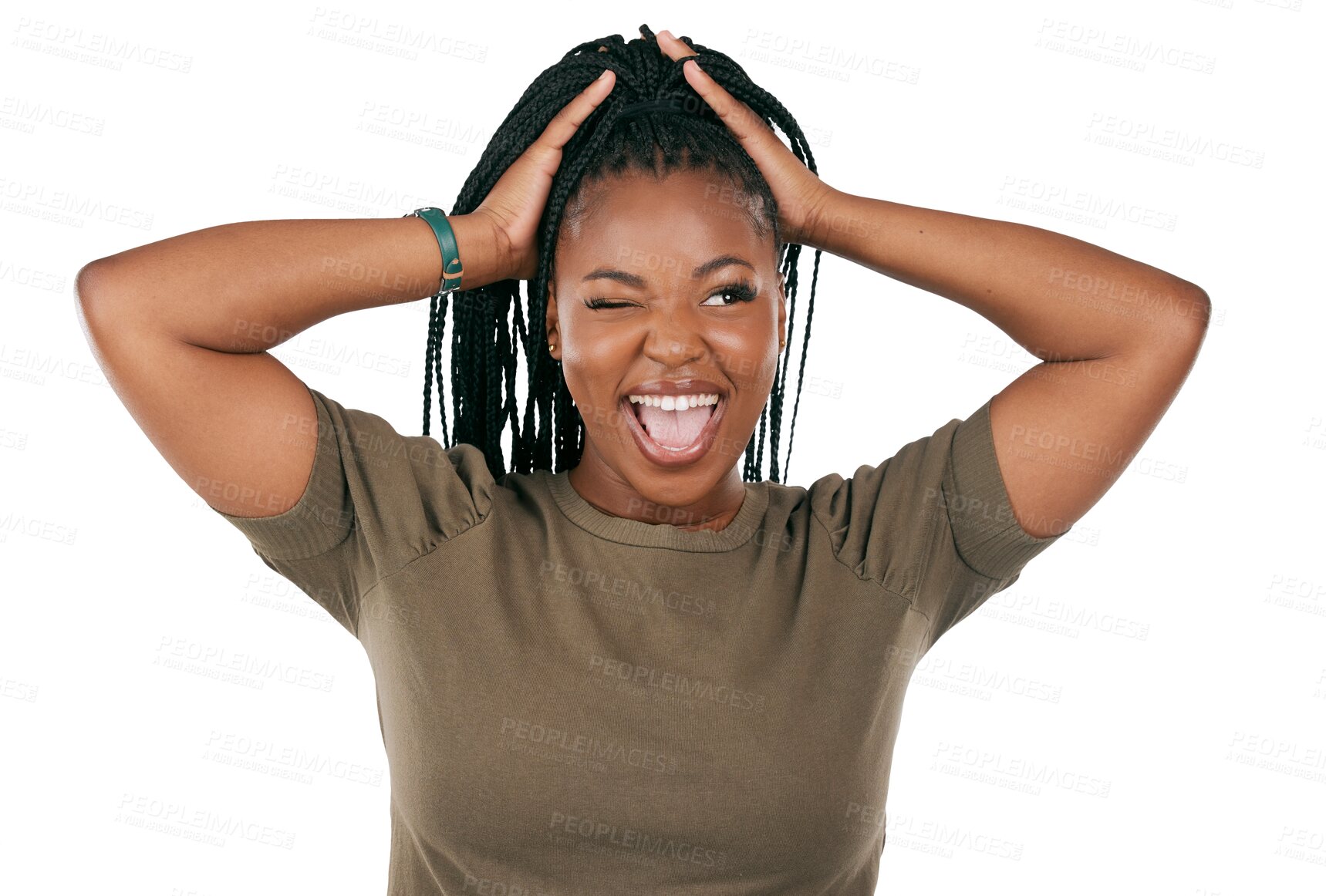 Buy stock photo Crazy, wink and smile with face of black woman on png for yes, happy and funny. Like, emoji and happy with person isolated on transparent background for motivation, happiness and goofy expression