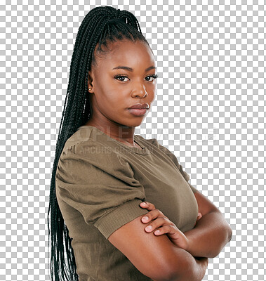 Buy stock photo Black woman, arms crossed and serious portrait isolated on a transparent, png background. Confidence, casual fashion and pride of African female person from Nigeria with modern, style and clothing