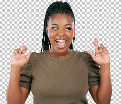 Buy stock photo Happy, fingers crossed and hope with face of black woman on png for good luck, wish and success. Emoji, promotion and giveaway with person isolated on transparent background for competition and sign