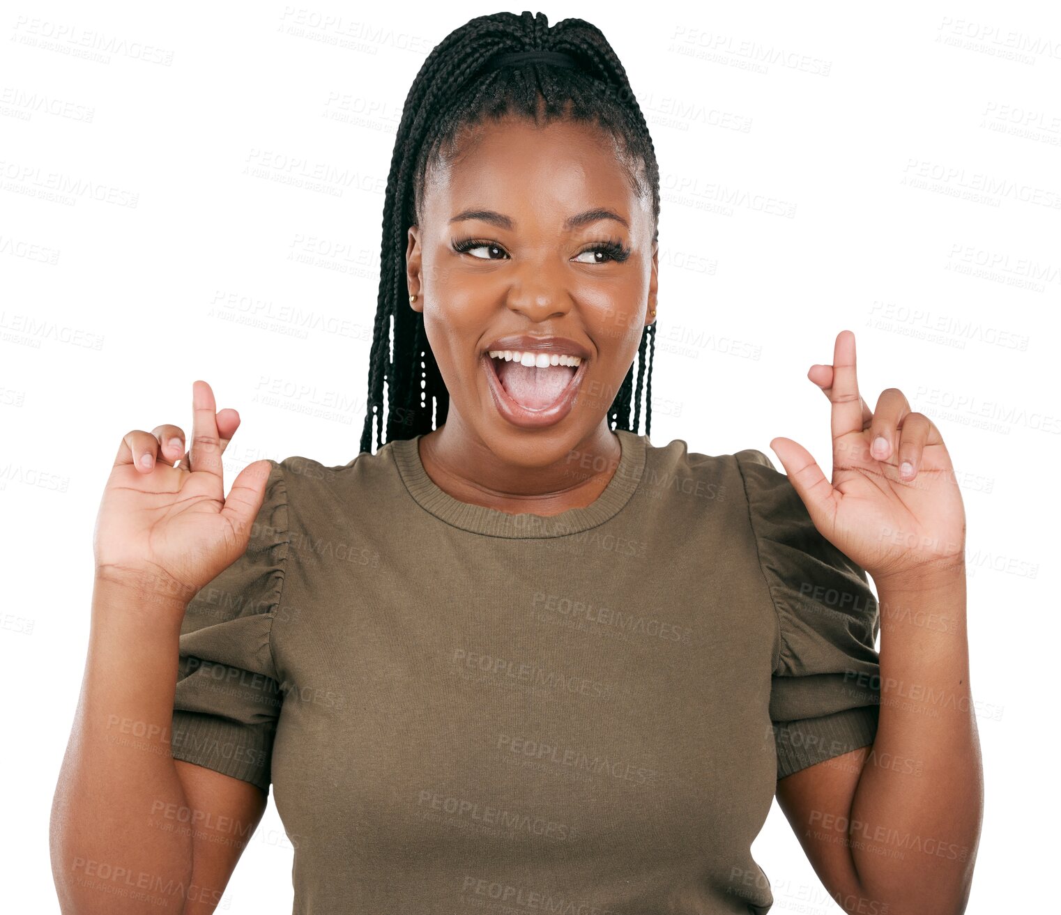 Buy stock photo Happy, fingers crossed and hope with face of black woman on png for good luck, wish and success. Emoji, promotion and giveaway with person isolated on transparent background for competition and sign