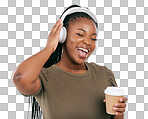 Headphones, black woman and music listening with coffee of a hap