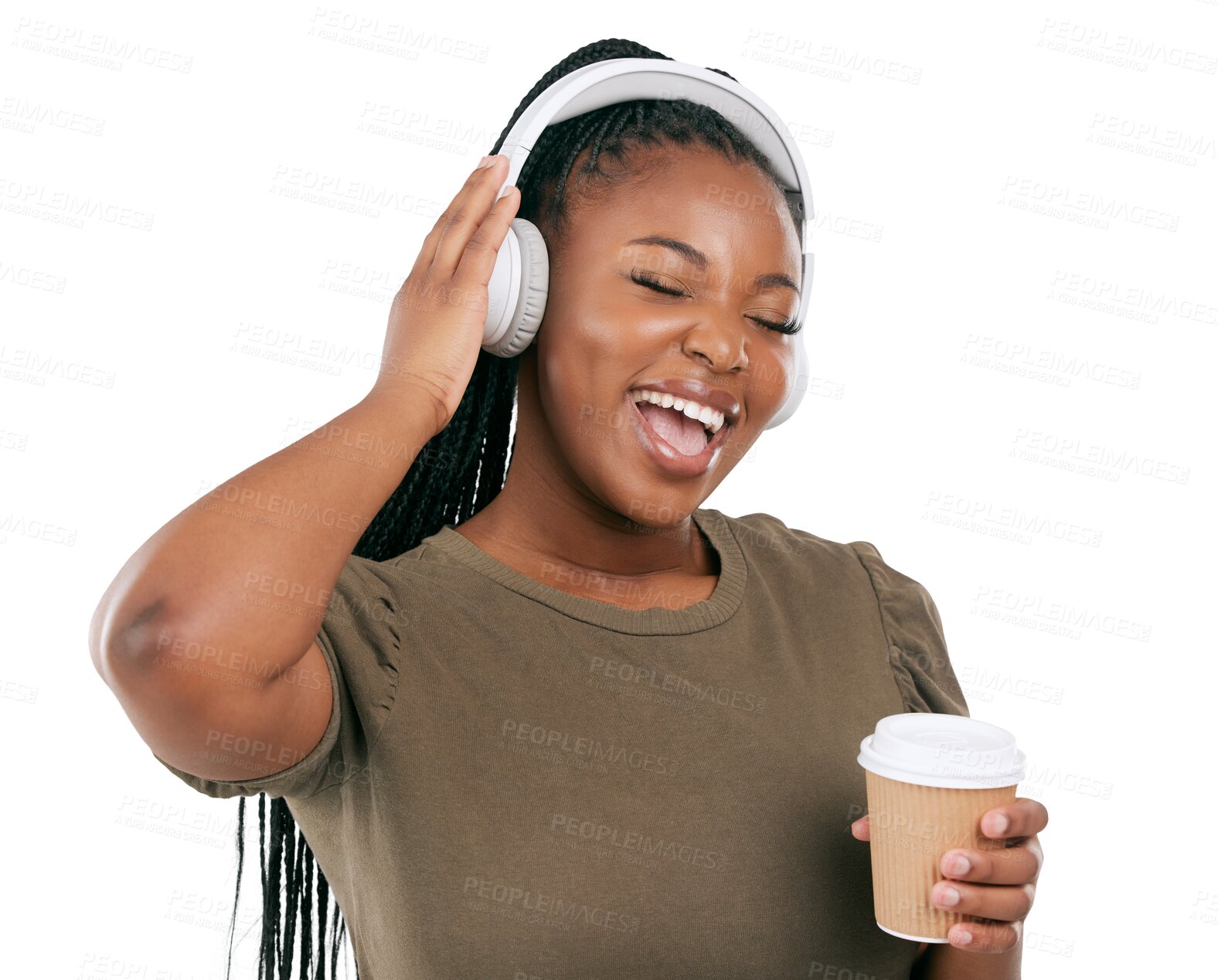 Buy stock photo Headphones, black woman and singing music with coffee and happy from radio. Excited smile, African female person and hearing audio and listening with tea isolated on a transparent, png background
