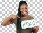 Creative business woman, pointing and hiring sign for recruiting