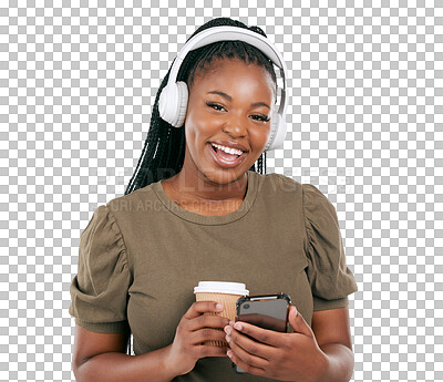 Buy stock photo Headphones, woman and portrait with phone and music with coffee and happy from radio. Excited smile, African female person and audio with smile and tea isolated on a transparent, png background
