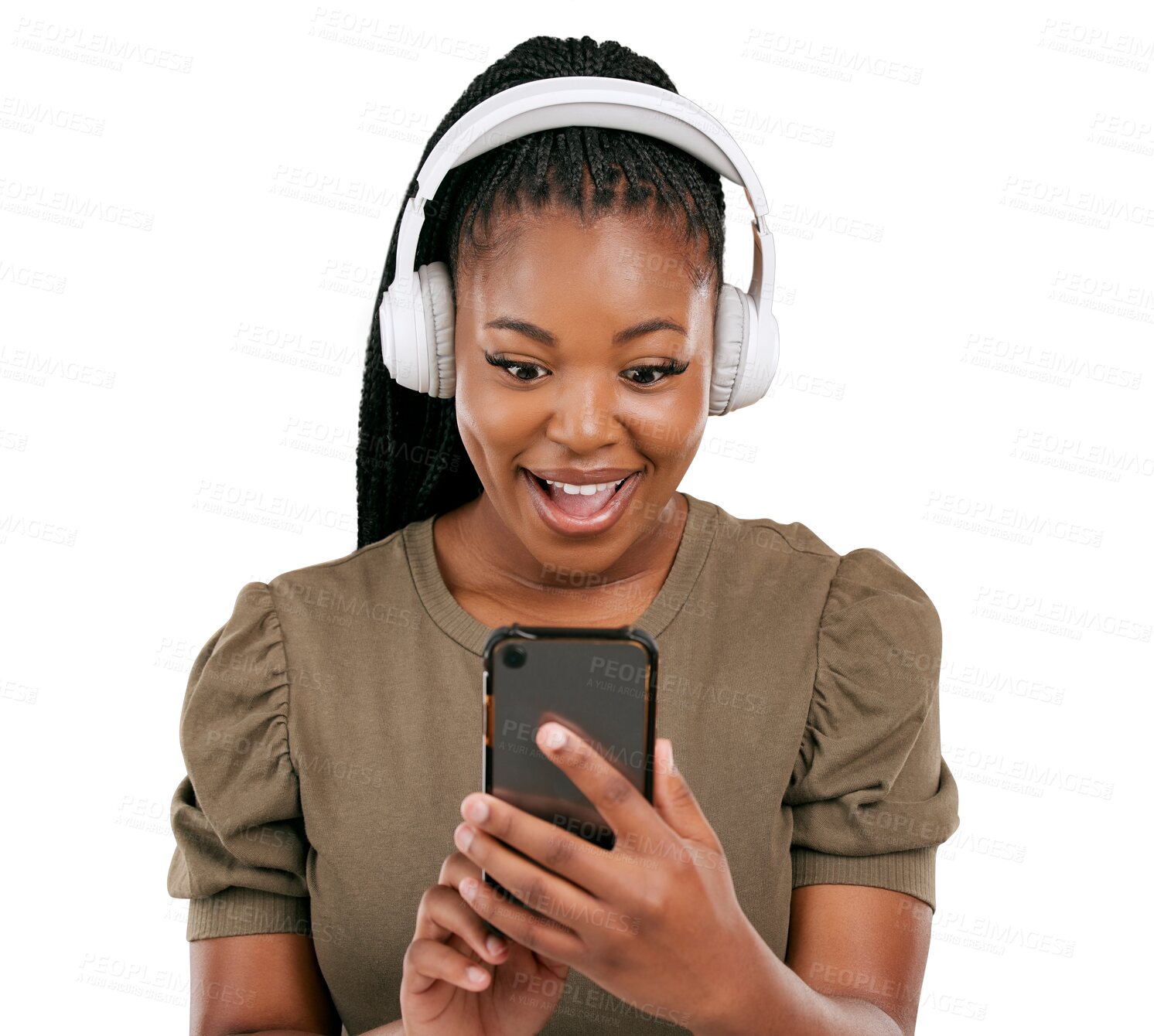 Buy stock photo Surprise on smartphone, black woman and headphones with social media isolated on png transparent background. Wow, communication and female person using phone, scroll website and app with music