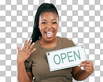 Black woman, excited and holding open sign for announcement or m