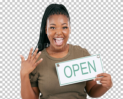 Buy stock photo Excited, open sign and small business with portrait of black woman on png for entrepreneur, success and start. Advertising, store and retail with person isolated on transparent background for retail