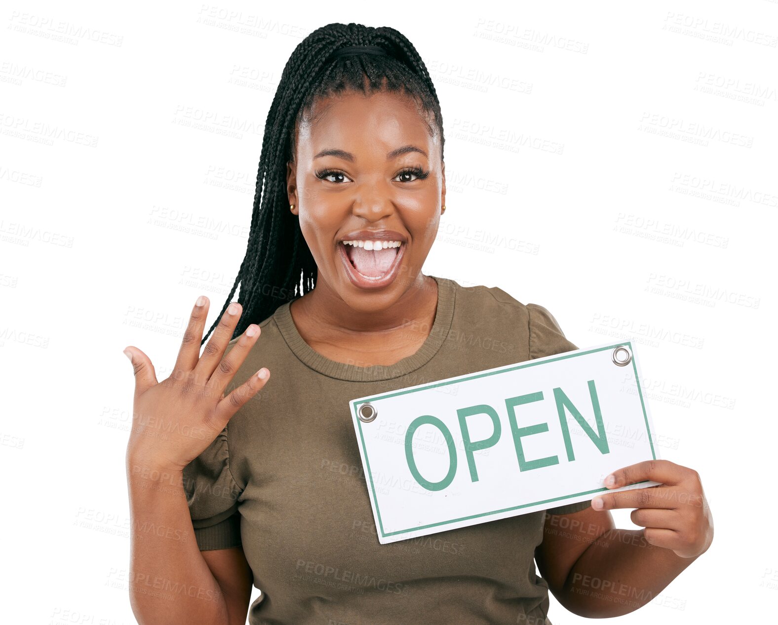 Buy stock photo Excited, open sign and small business with portrait of black woman on png for entrepreneur, success and start. Advertising, store and retail with person isolated on transparent background for retail