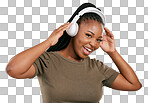 Headphones, music and black woman in portrait isolated on studio