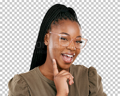 Buy stock photo Eyewear portrait, smile and black woman with glasses for prescription support, vision wellness or happy for quality product. Retail eyeglasses, optics or African person on transparent, png background