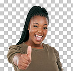 Black woman, portrait smile and thumbs up for winning, discount