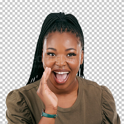 Buy stock photo Happy, portrait and news with black woman and whisper on png for wow, secret and announcement. Promotion, information and deal with person isolated on transparent background for show and surprise