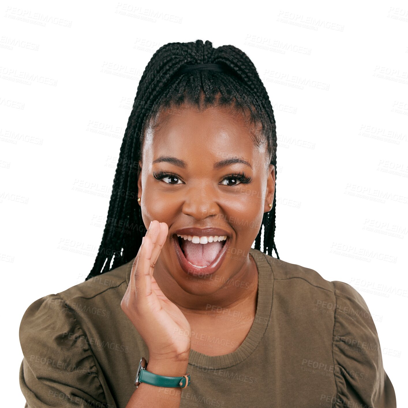 Buy stock photo Happy, portrait and news with black woman and whisper on png for wow, secret and announcement. Promotion, information and deal with person isolated on transparent background for show and surprise