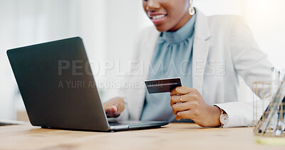 Ecommerce, online shopping and black woman with credit card, laptop and smile for discount with fintech. Computer, banking and African person making web payment or surfing internet website for sale.