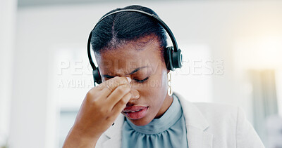 Black woman, call center and headache in stress, burnout or anxiety from strain at the office. African American female consultant suffering head pain, ache or sore eyes feeling overworked or stressed