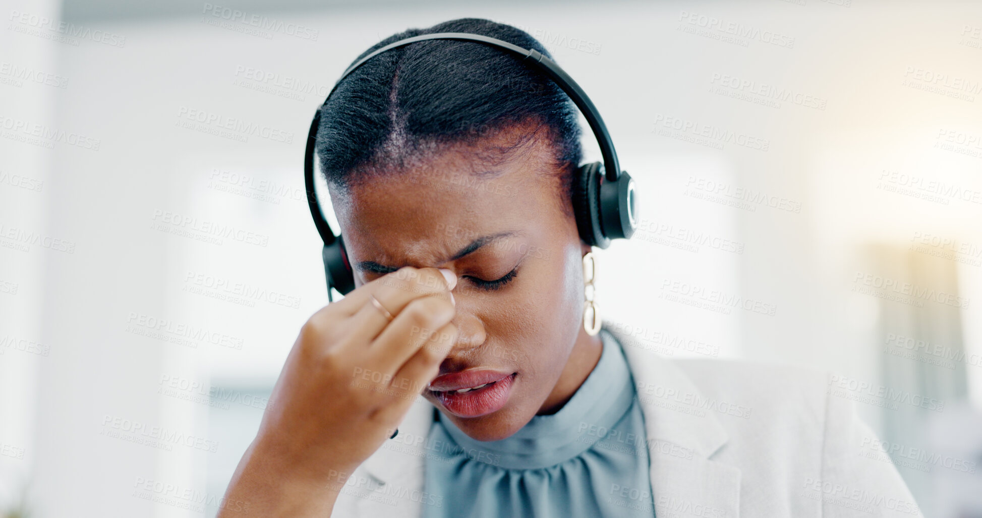 Buy stock photo Black woman, call center and headache in stress, burnout or anxiety from strain at the office. African American female consultant suffering head pain, ache or sore eyes feeling overworked or stressed