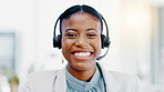 Black woman, call center and face with smile consulting in telemarketing, customer service or support. Portrait of happy African female consultant agent with headset for help, advice or communication