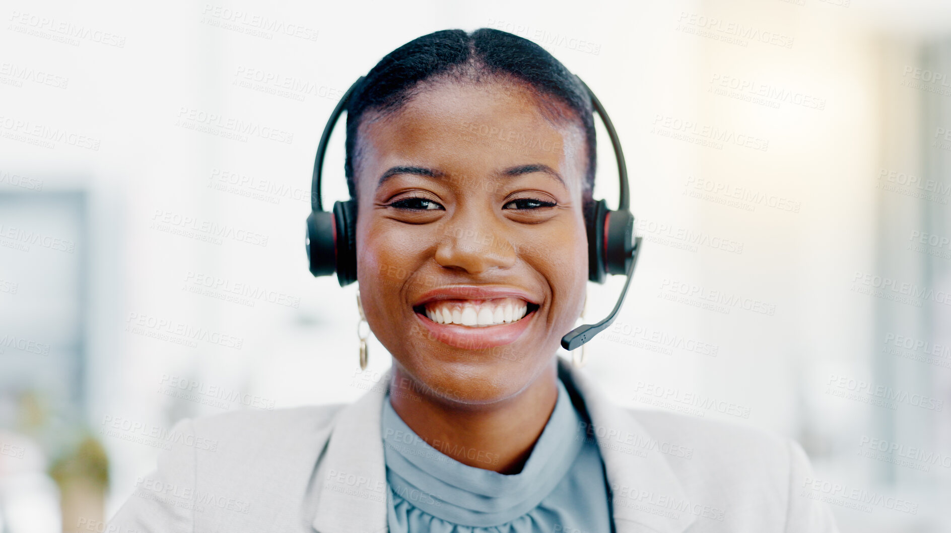 Buy stock photo Black woman, call center and face with smile consulting in telemarketing, customer service or support. Portrait of happy African female consultant agent with headset for help, advice or communication