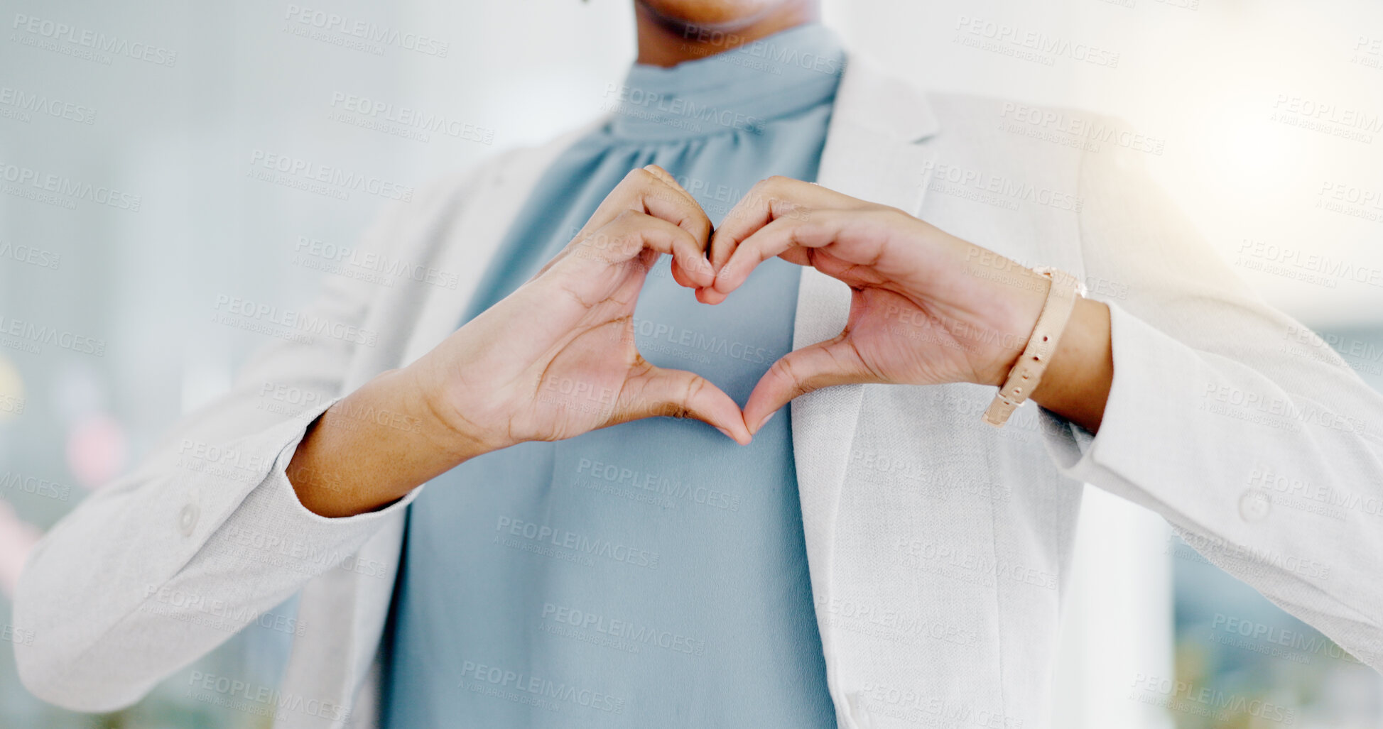 Buy stock photo Hands, heart and business woman with love emoji for care, kindness and symbol in office. Closeup of happy female worker with finger shape for thank you, trust and sign of hope, support icon and peace