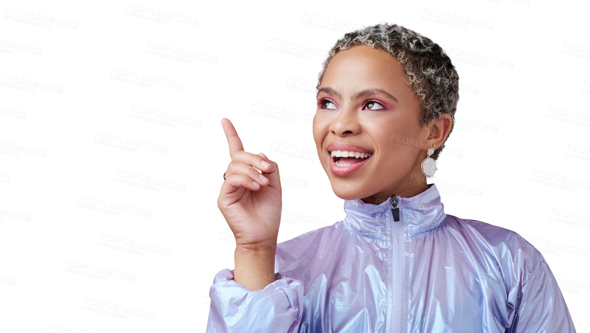 Buy stock photo Woman, pointing up and advertising presentation, fashion deal and isolated on a transparent png background. Happy african model show promotion of gen z news, announcement and review choice of ideas 