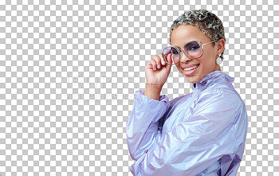 Buy stock photo Fashion portrait, sunglasses and happy woman in neon color clothes isolated on transparent png background. Smile, face and cool African gen z girl in retro style, vintage and bold summer eyeglasses