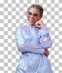 Future fashion, bright color and a black woman happy with tongue out and pink background. Creative crazy African influencer, futuristic style and girl in bright cyberpunk space energy party costume.