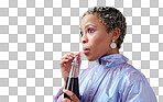 Cola, wow and black woman with surprise from drink in bottle against a pink mockup studio background. Girl model shocked and happy while drinking cold summer beverage with a straw and mock up space